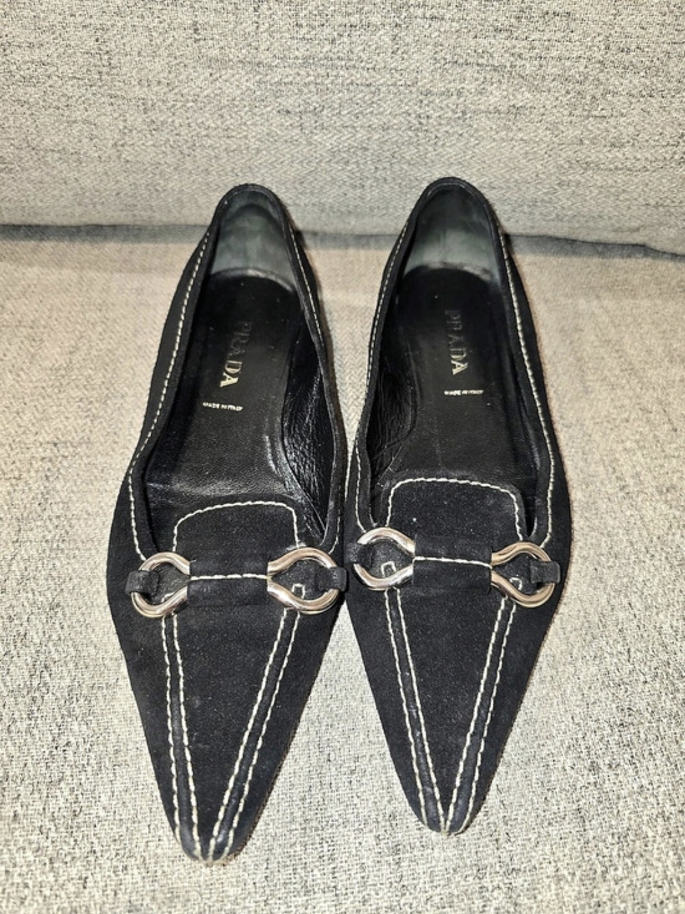 Prada Pointed Toe Horsebit Flats in Black EU 37.5
